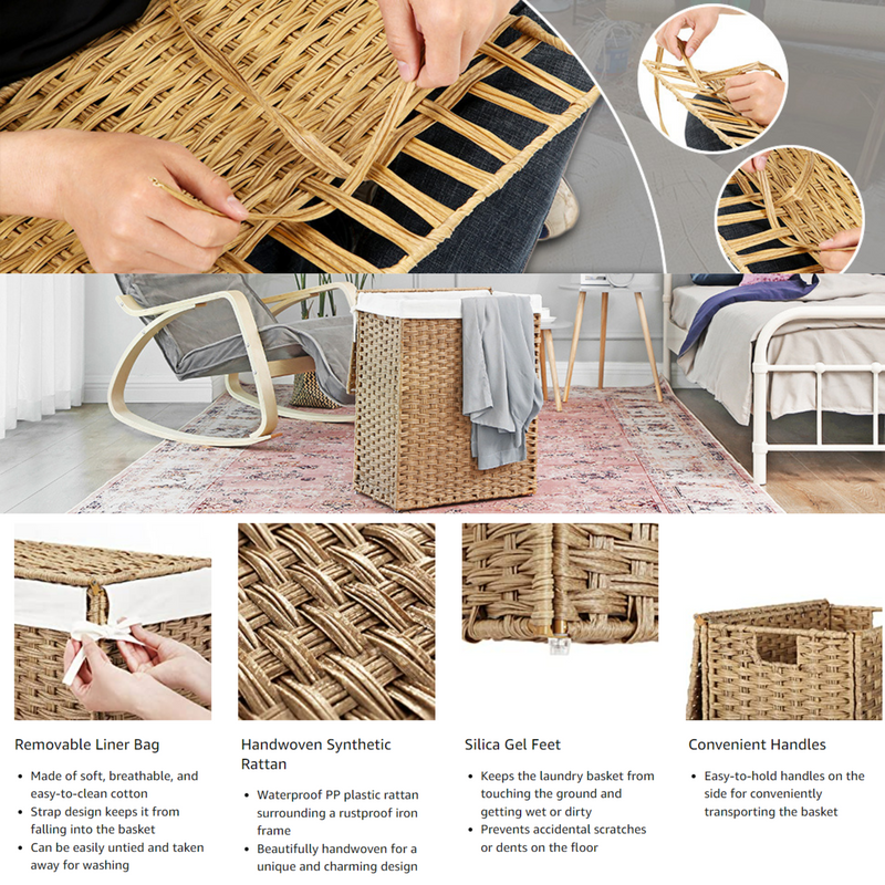 Rattan Laundry Basket 90L With Removable Liner Bag - Natural