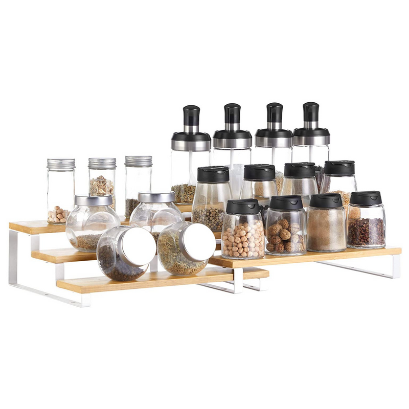 Bamboo Spice Rack Pantry Shelf White (Set of 2)