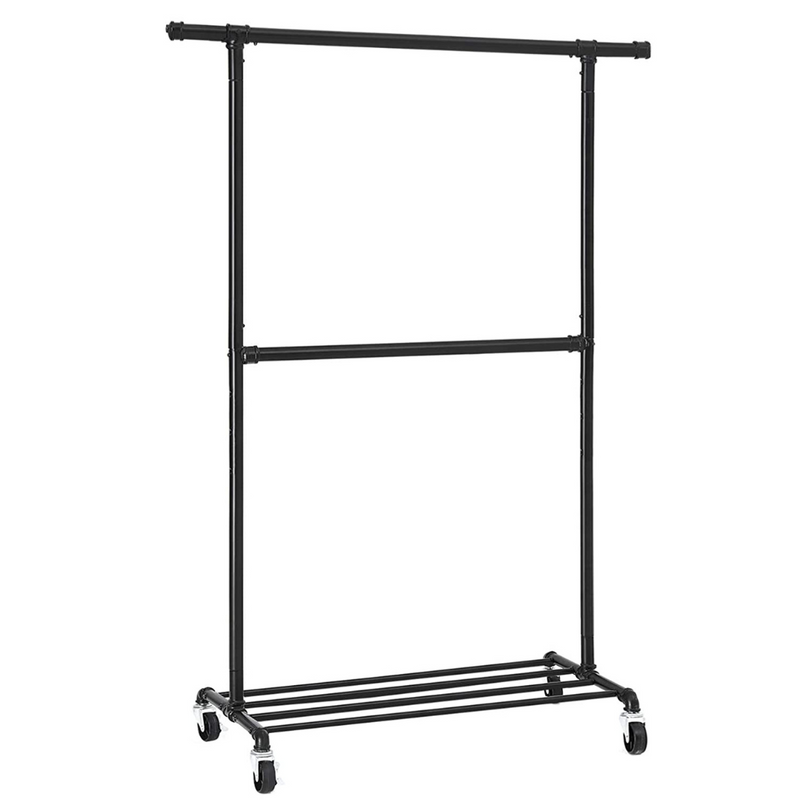 Double Hanging Rod Garment Rack Heavy Duty Industry Style - Black