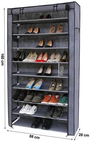 10-Tier Shoes Rack with Dustproof Cover - Grey