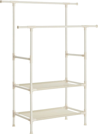 Metal Clothing Stand with 2 Hanging Rails and 2 Storage Shelves - White