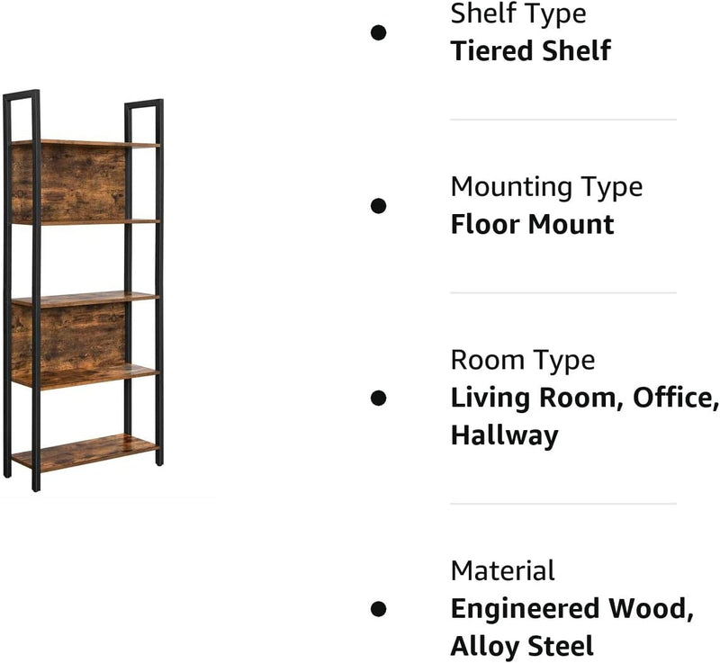 Vasagle Industrial Style Bookshelf With 5 Shelves - Brown