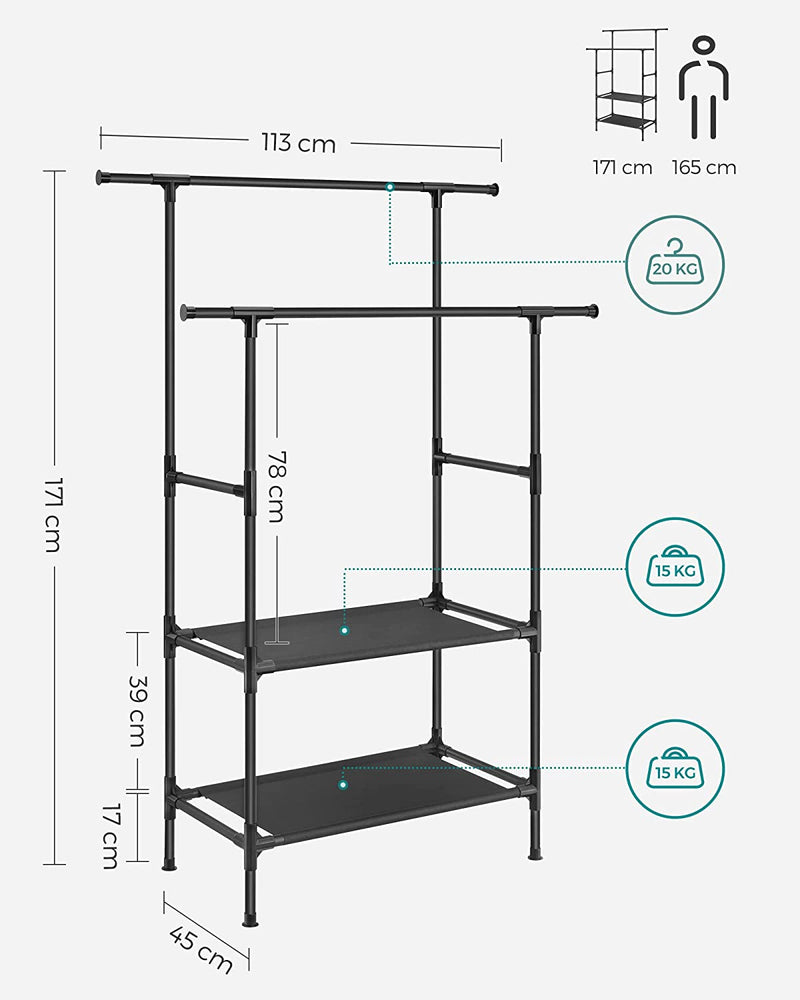 Clothes Rack Metal with 2 Clothes Rails - Black