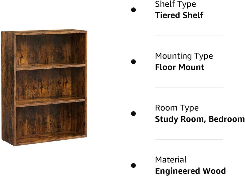 Vasagle 3 Tier Open Bookcase With Adjustable Storage Shelves - Brown