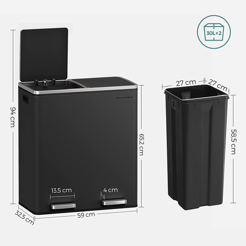 Dual 60 Liters Powder Coated Steel Rubbish Bin - Black