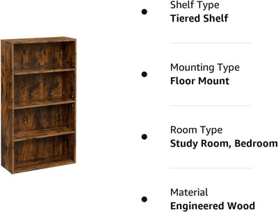 Vasagle 4 Tier Open Bookcase With Adjustable Storage Shelves - Brown