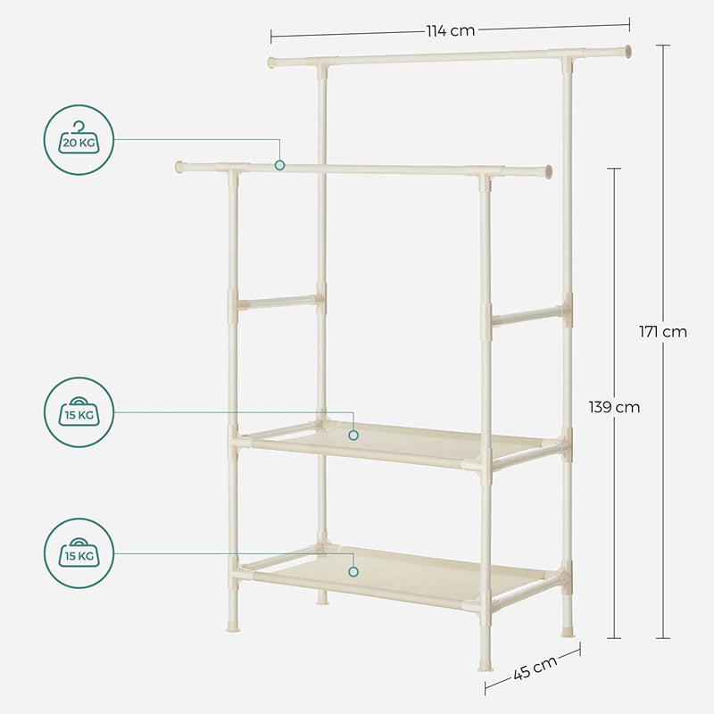 Metal Clothing Stand with 2 Hanging Rails and 2 Storage Shelves - White