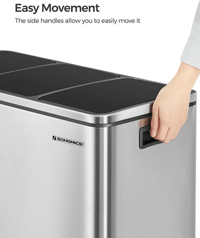 54L Rubbish Bin With 3 Compartments - Silver