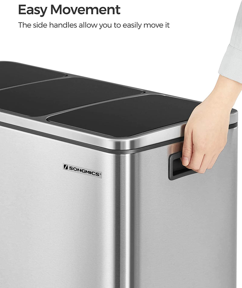 54L Rubbish Bin With 3 Compartments - Silver