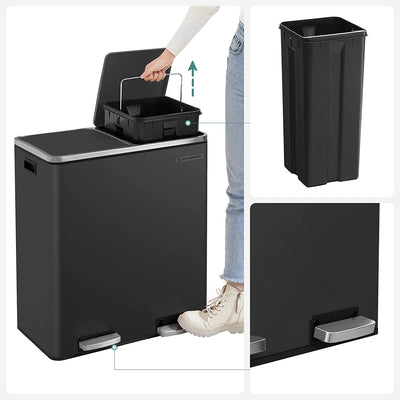 Dual 60 Liters Powder Coated Steel Rubbish Bin - Black
