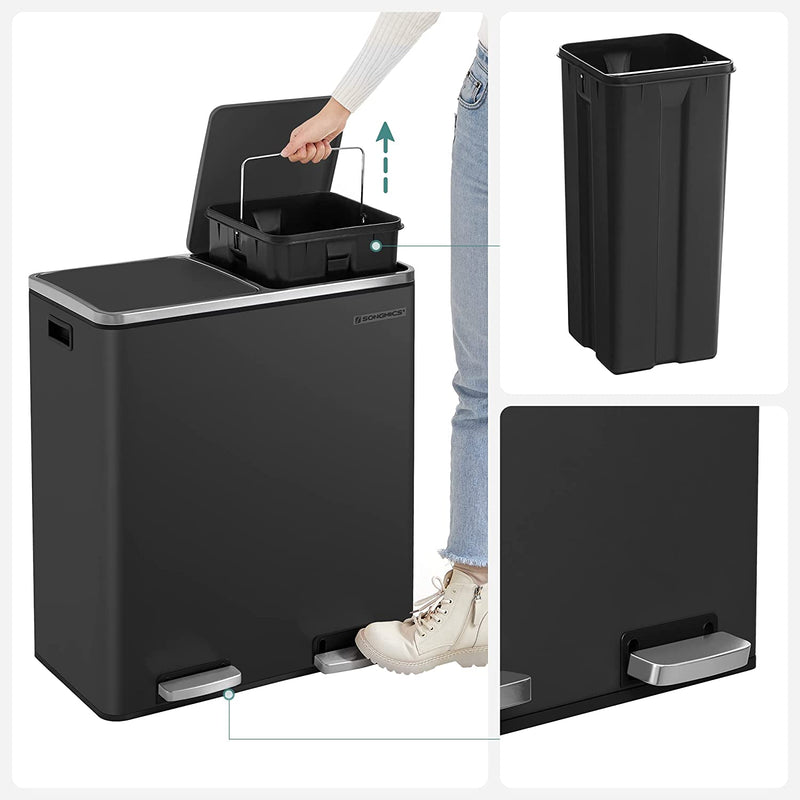 Dual 60 Liters Powder Coated Steel Rubbish Bin - Black