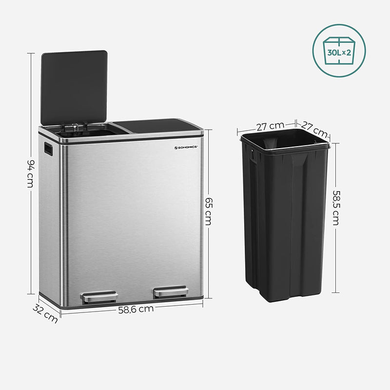 Dual 60 Liters Powder Coated Steel Rubbish Bin - Silver& Black