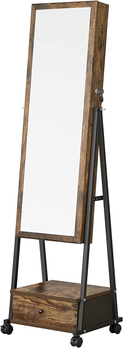 Jewellery Cabinet Full-Length Mirror with Bottom Drawer - Industrial Brown