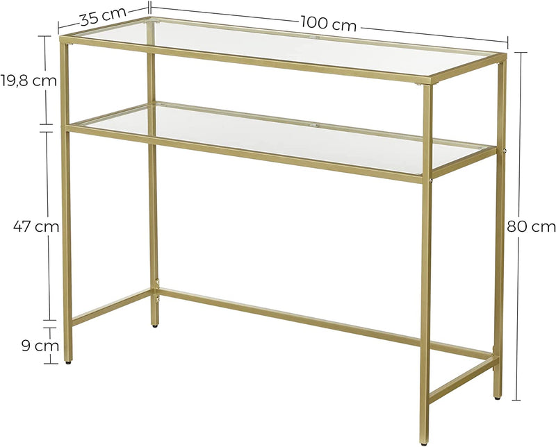 Vasagle Nyla Console Table Tempered Glass Storage Display With 2 Shelves - Gold