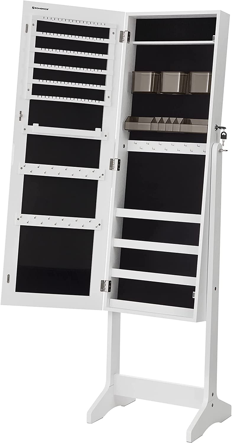 Standing Jewellery Cabinet With Full Body Mirror - White