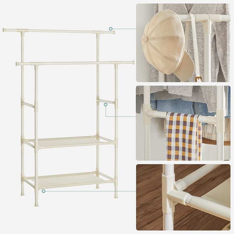 Metal Clothing Stand with 2 Hanging Rails and 2 Storage Shelves - White