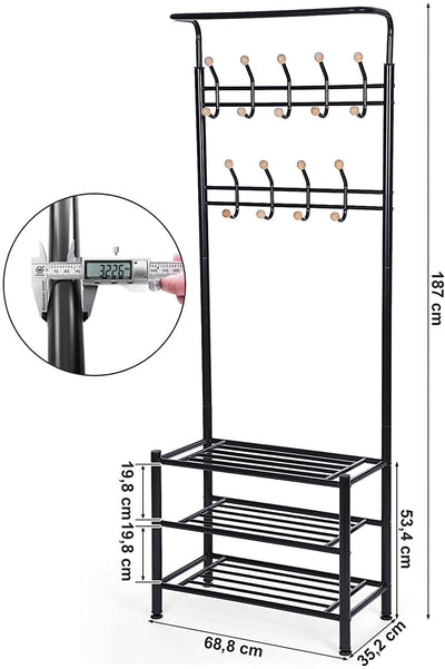 Hallway Coat Rack Metal Black with 3 Shoe Racks with 18 Hooks