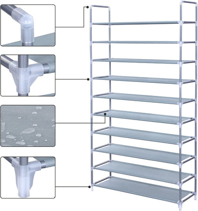 10-Tier Shoe Rack Storage Organiser Holds up to 50 Pairs - Silver Grey