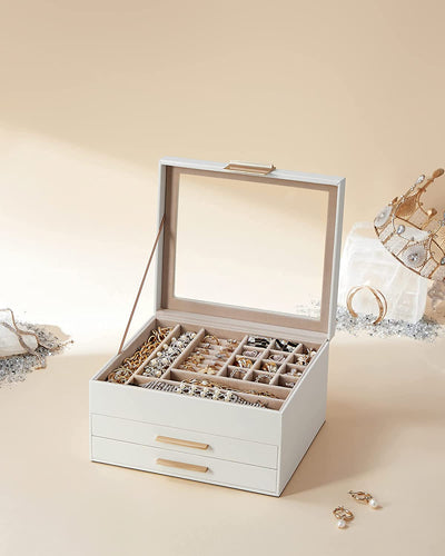 Jewellery Box with Glass Lid 3-Layer - White