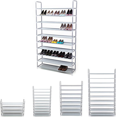 10-Tier Shoe Rack Storage Organiser Holds up to 50 Pairs - Silver Grey