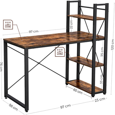 Vasagle Office Desk With 3 Shelves 120 x 60 x 120 cm - Brown