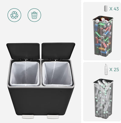 Dual 60 Liters Powder Coated Steel Rubbish Bin - Black