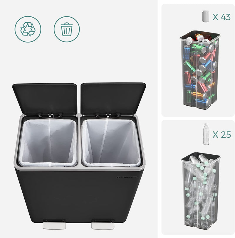 Dual 60 Liters Powder Coated Steel Rubbish Bin - Black