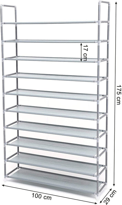 10-Tier Shoe Rack Storage Organiser Holds up to 50 Pairs - Silver Grey