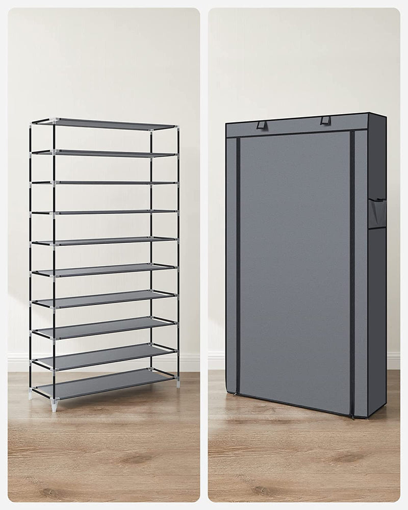 10-Tier Shoes Rack with Dustproof Cover - Grey