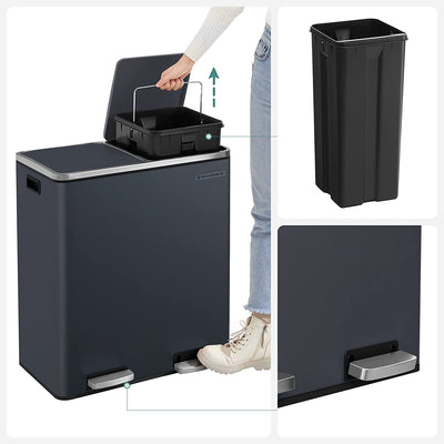 Dual 60 Liters Powder Coated Steel Rubbish Bin - Smoky Grey