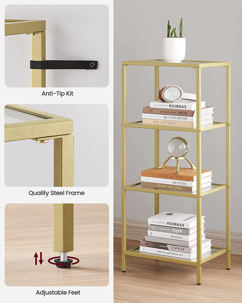 Vasagle Nyla 4 Tier Glass Bookshelf Storage Shelf - Gold