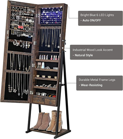 6 LEDs Jewellery Storage Cabinet Mirror - Industrial Brown