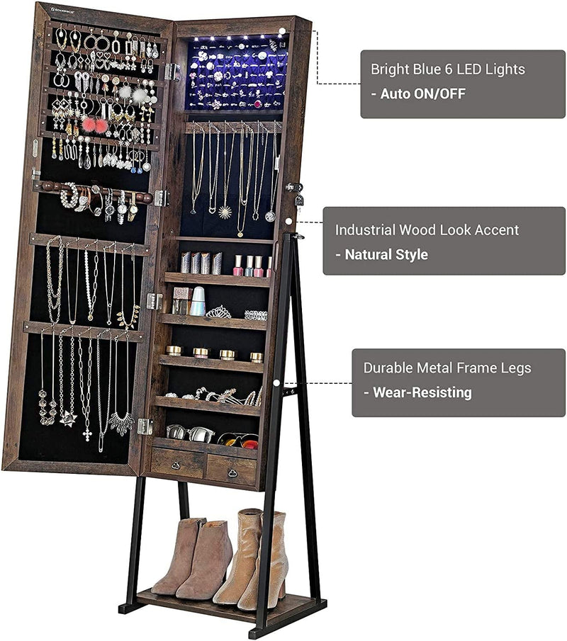 6 LEDs Jewellery Storage Cabinet Mirror - Industrial Brown