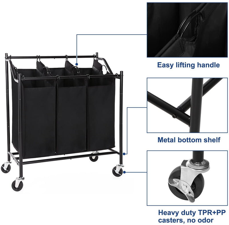 Heavy-Duty 4 Bag Laundry Rolling Sorter Hamper Basket Black