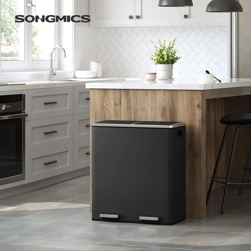 Dual 60 Liters Powder Coated Steel Rubbish Bin - Black