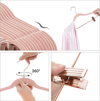 Velvet Coat Hangers With Movable Clips Rose Gold (Set of 24)