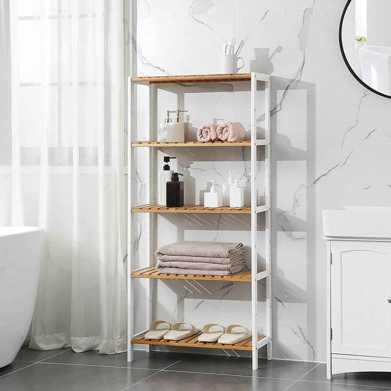 5 Tiers Bamboo Storage Rack Shelf - White and Natural