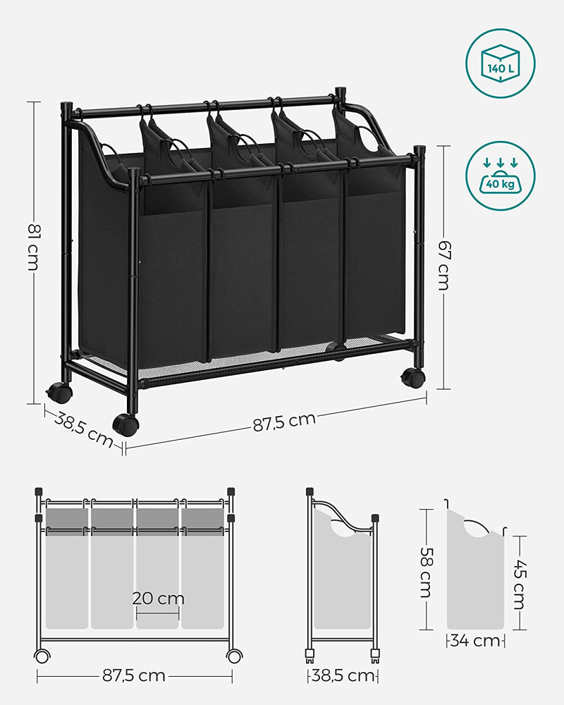 Heavy-Duty 4 Bag Laundry Hamper Rolling Laundry Sorter