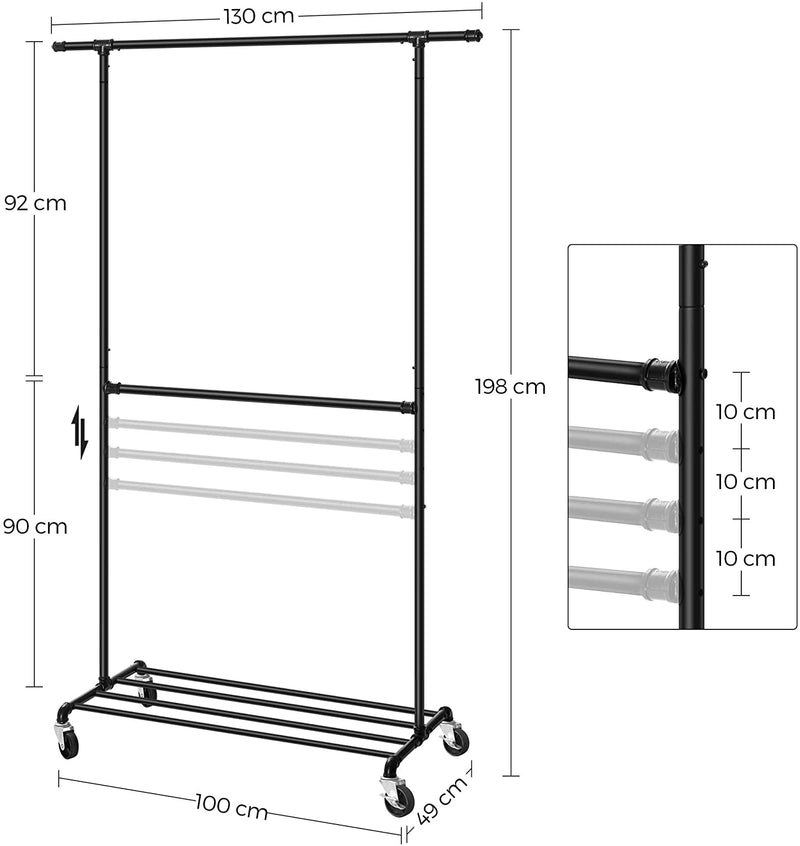 Double Hanging Rod Garment Rack Heavy Duty Industry Style - Black