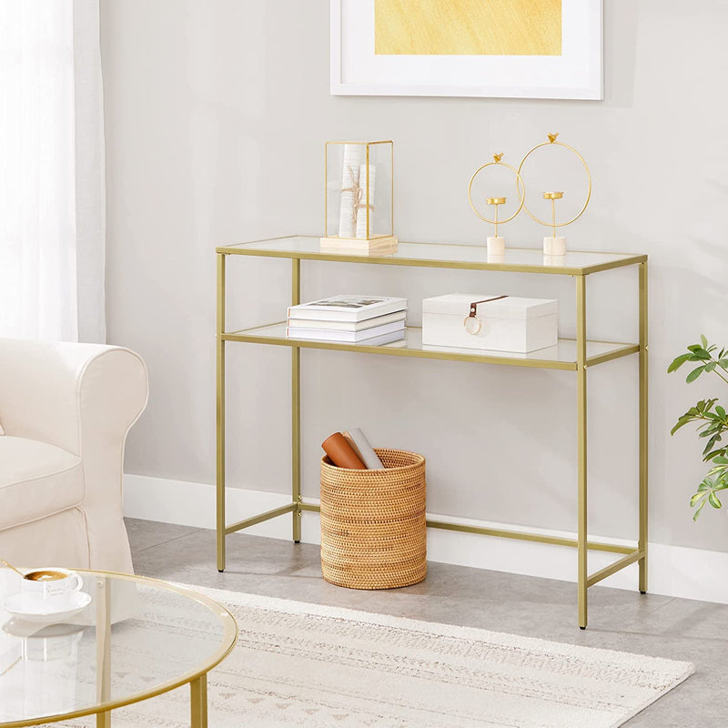 Vasagle Nyla Console Table Tempered Glass Storage Display With 2 Shelves - Gold