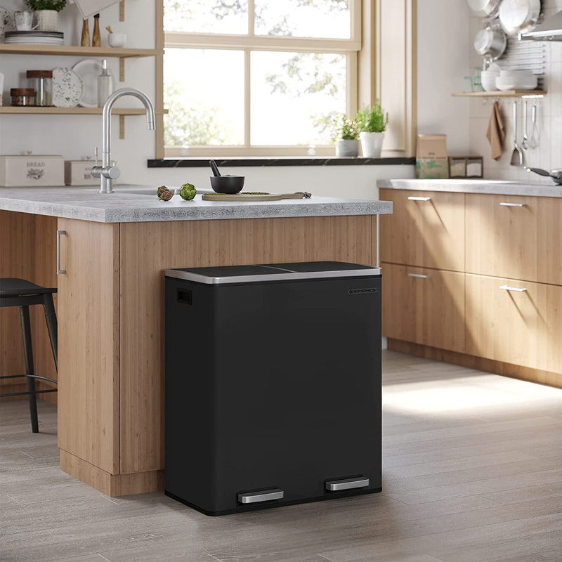 Dual 60 Liters Powder Coated Steel Rubbish Bin - Black