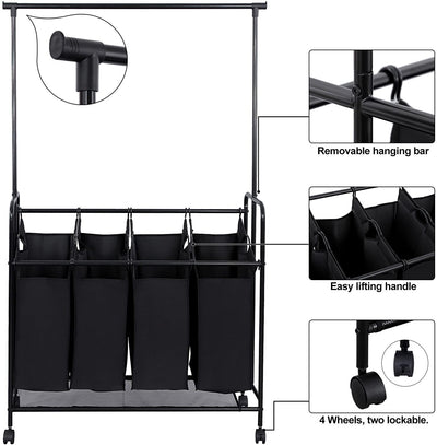 Heavy Duty Rolling Laundry Cart With 4 Bags - Black