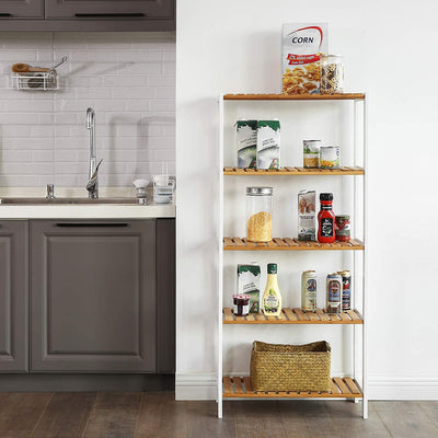 5 Tiers Bamboo Storage Rack Shelf - White and Natural