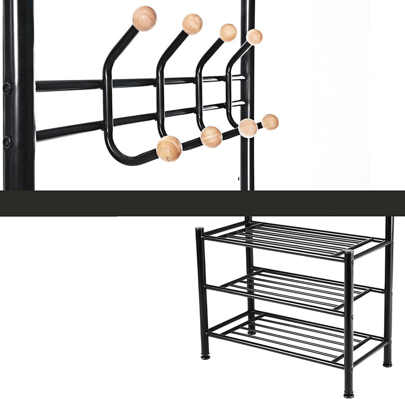 Hallway Coat Rack Metal Black with 3 Shoe Racks with 18 Hooks