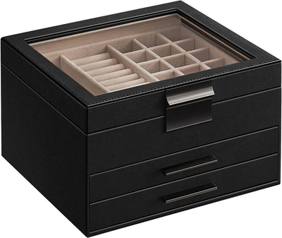 Jewellery Box with Glass Lid 3-Layer - Black