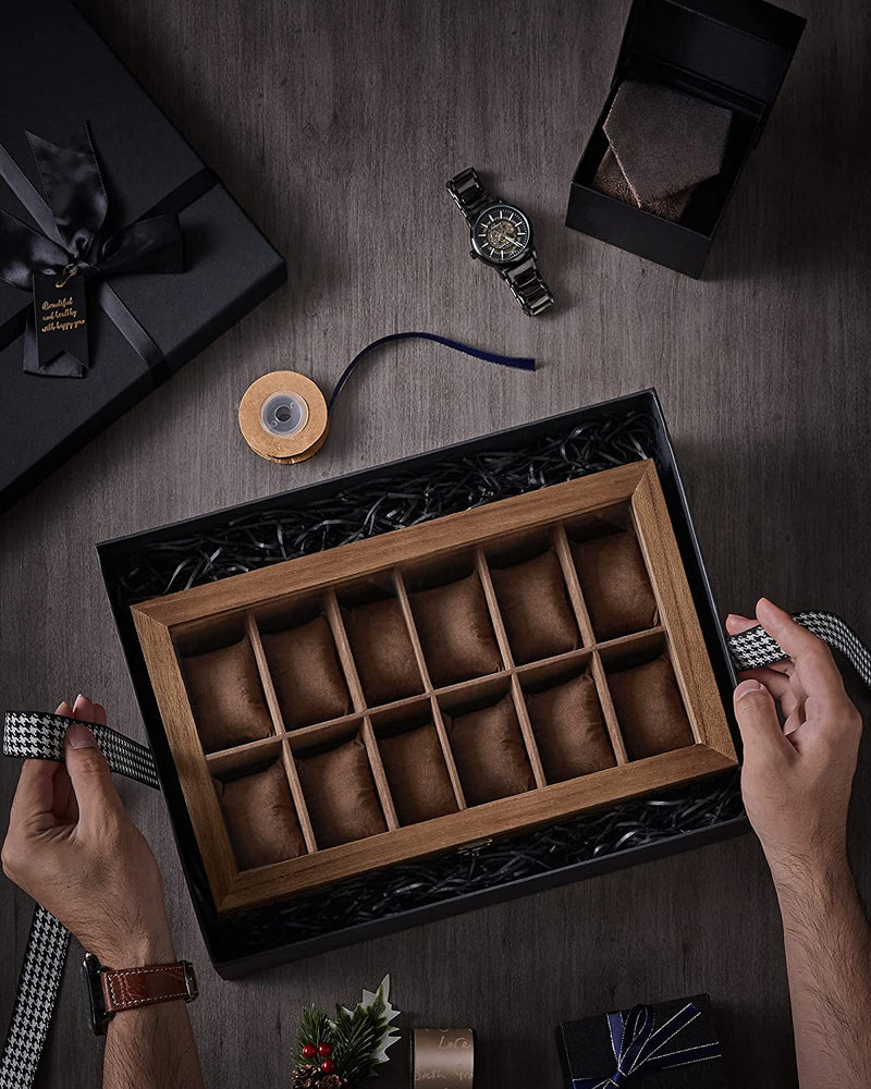 12-Slot Wood Watch Box With Large Glass Lid - Rustic Walnut