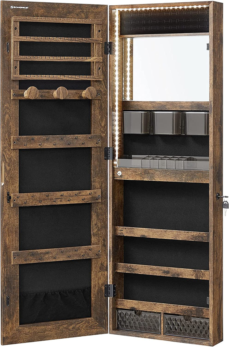 Jewellery Cabinet With Frameless Mirror LED Lights - Industrial Brown