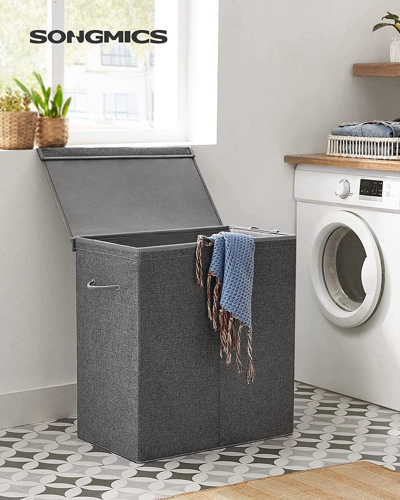 Laundry Basket 142L with Magnetic Lid and Handles Grey