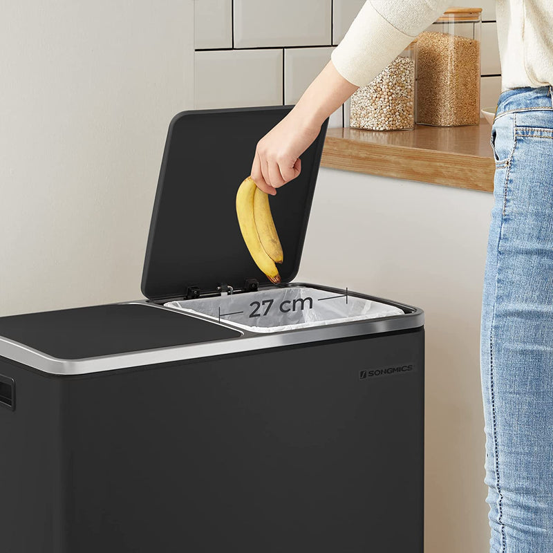 Dual 60 Liters Powder Coated Steel Rubbish Bin - Black