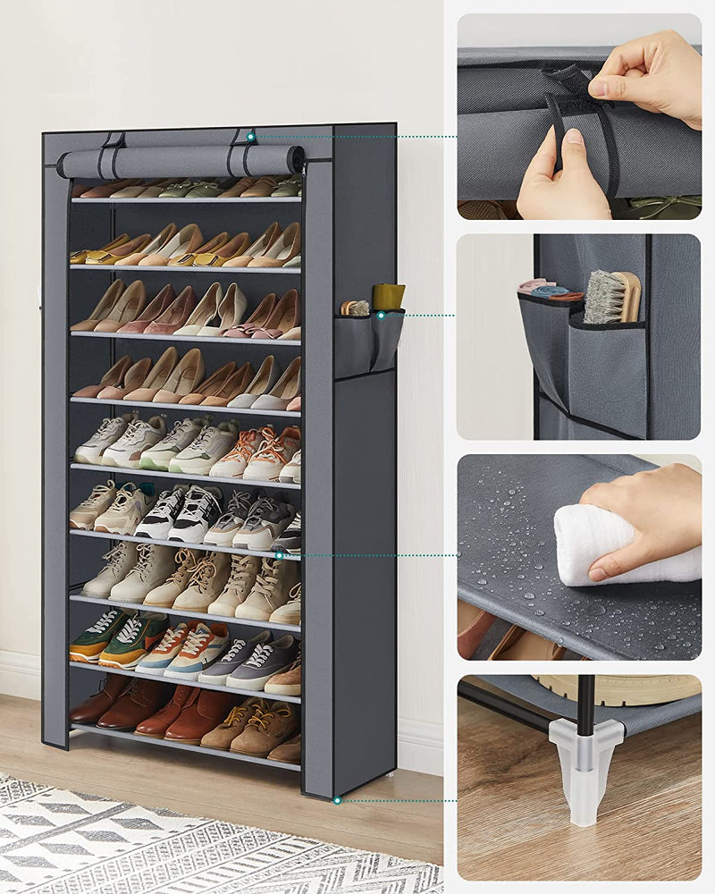 10-Tier Shoes Rack with Dustproof Cover - Grey